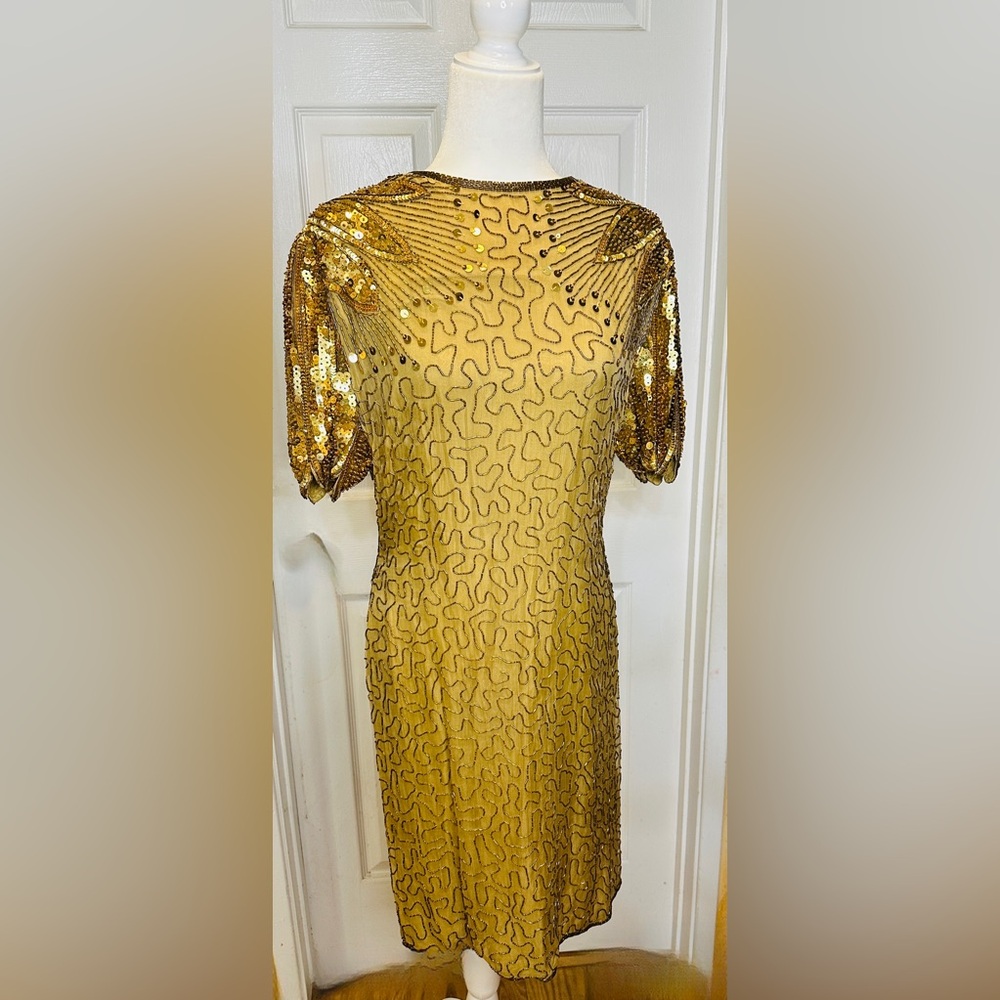 Lawrence Kazar New York Dress Rare Vintage Gold Beaded Sequin 100% Silk Size XL